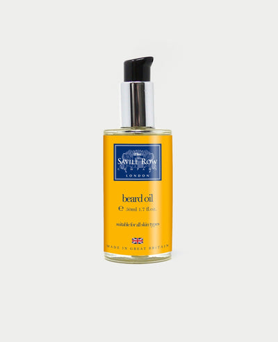 Bottle of Savile Row beard oil on a white background