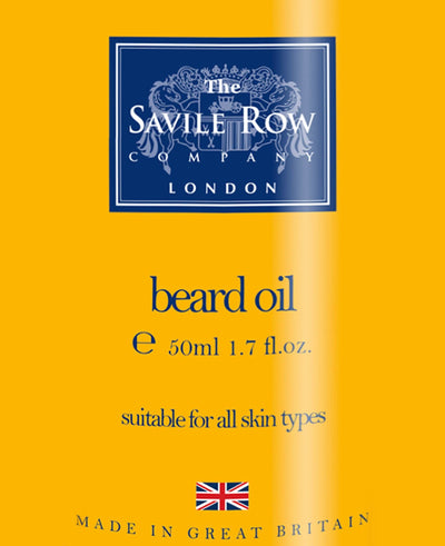 Beard oil packaging with Savile Row Company branding on a yellow background