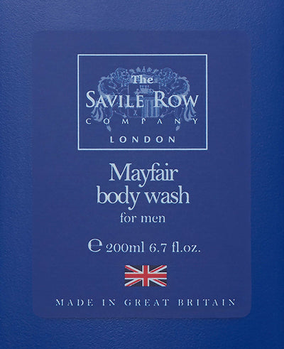 Saville Row Mayfair body wash packaging on a blue background