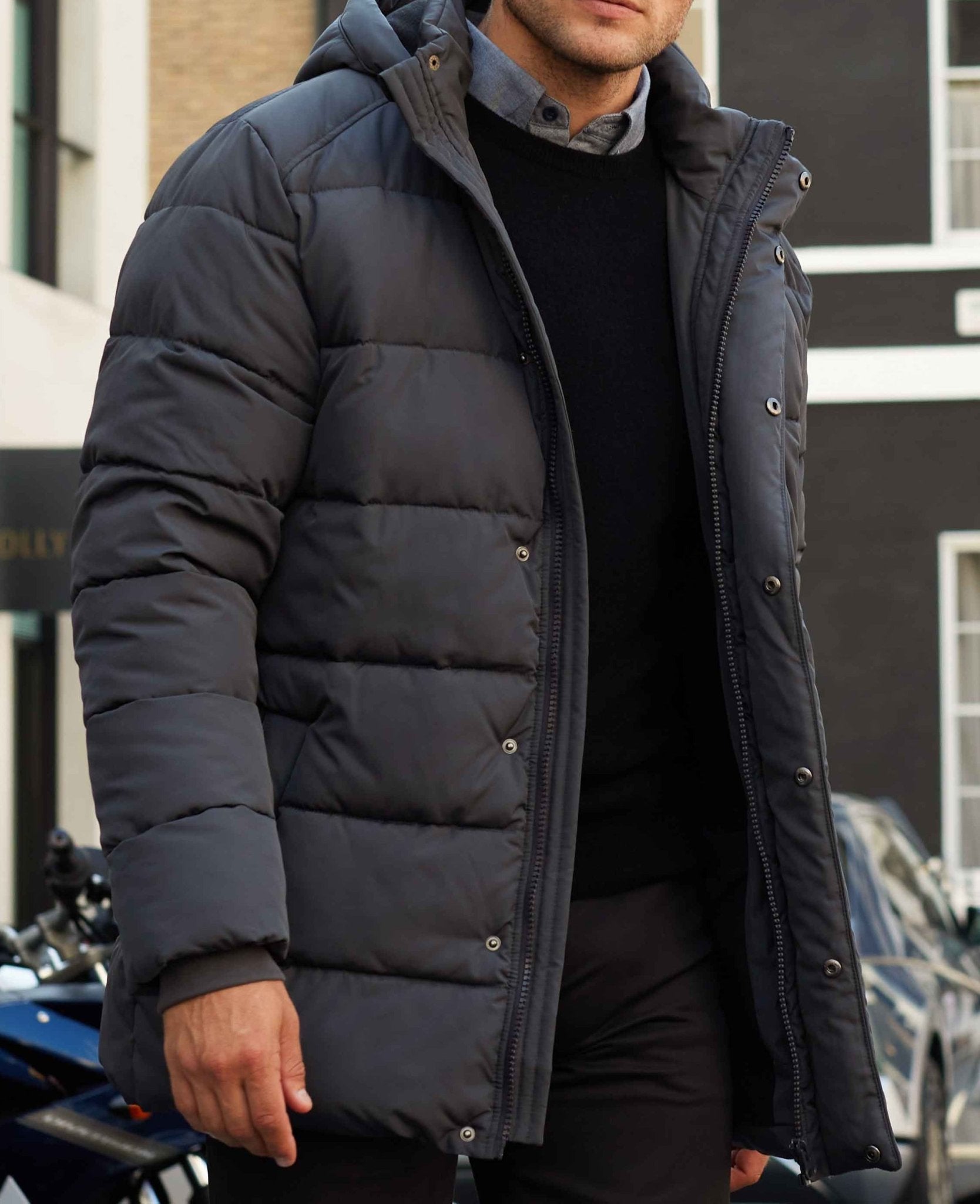 Men's Dark Grey 100% Recycled Puffer Jacket Savile Row Company