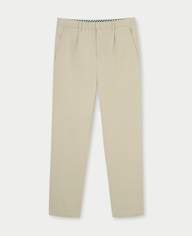 Beige Stretch Cotton Classic Fit Pleated Chinos