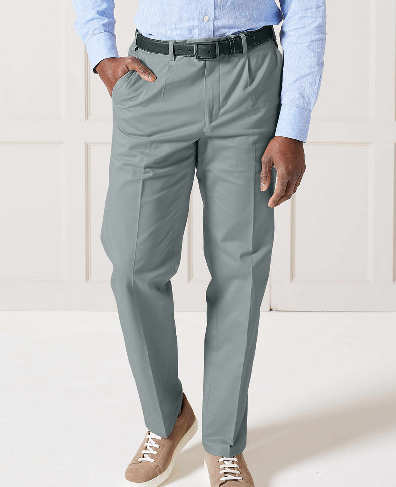 Grey Stretch Cotton Classic Fit Pleated Chinos