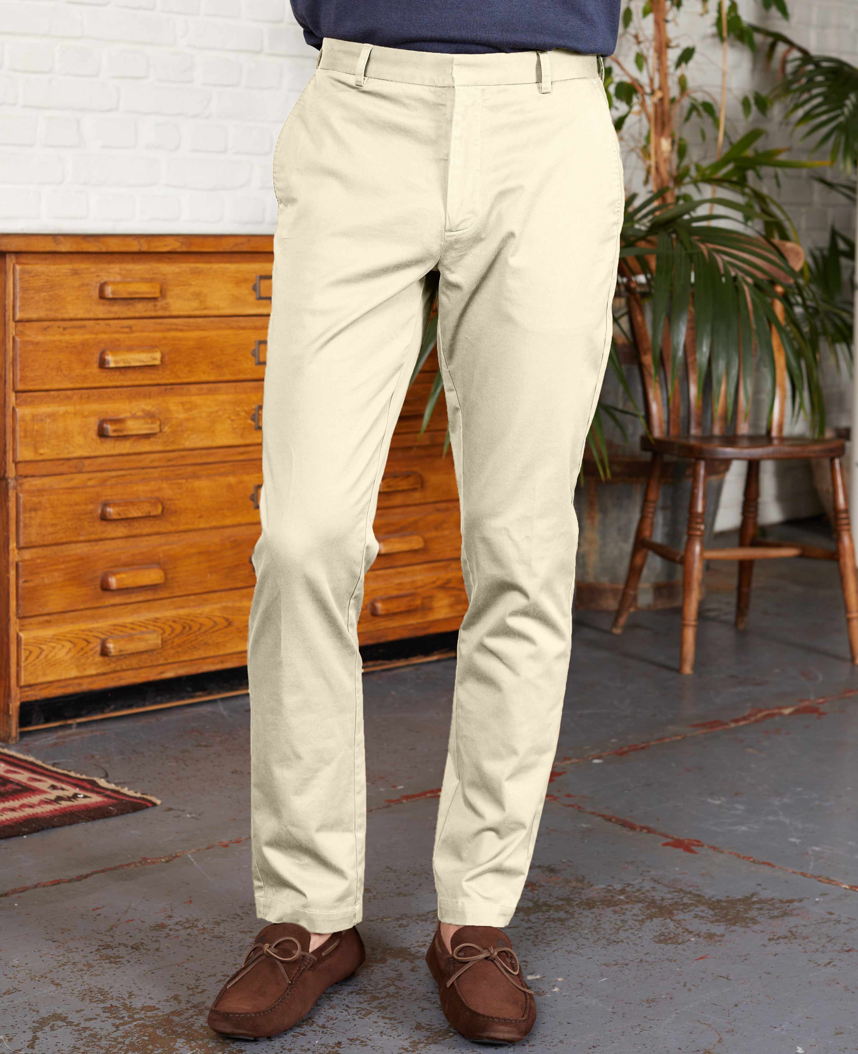 Beige Stretch Cotton Classic Fit Flat Front Chinos, view 1