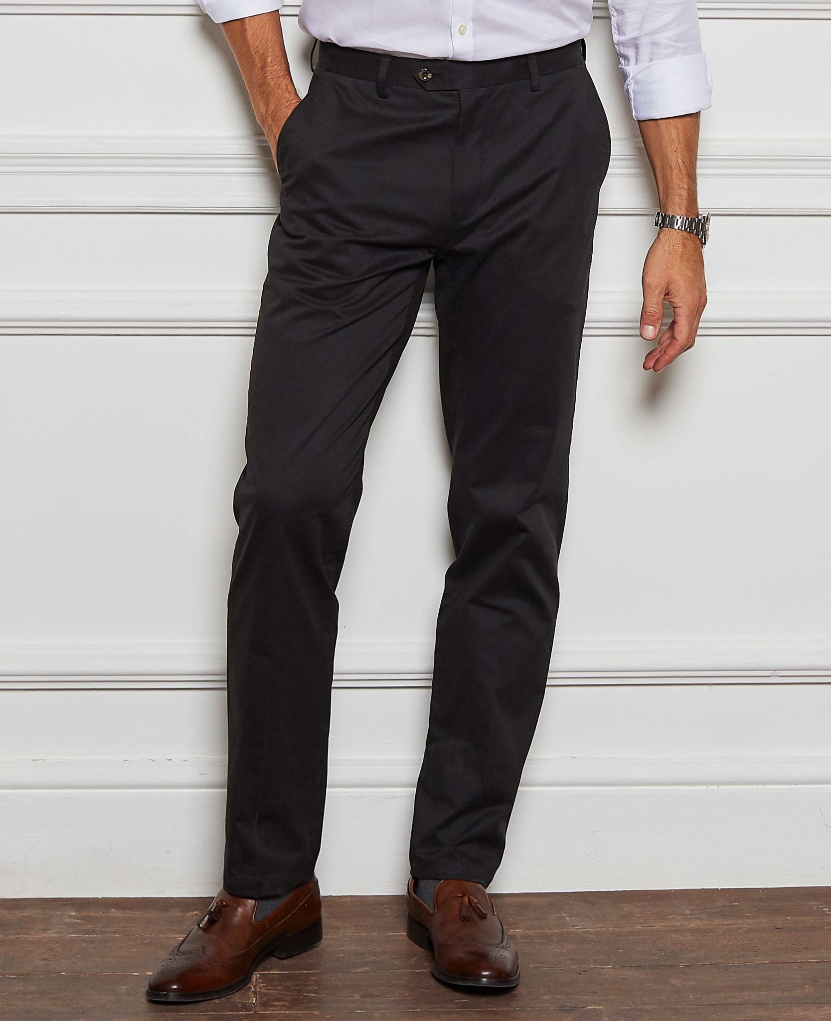 Black Stretch Cotton Classic Fit Flat Front Chinos, view 4