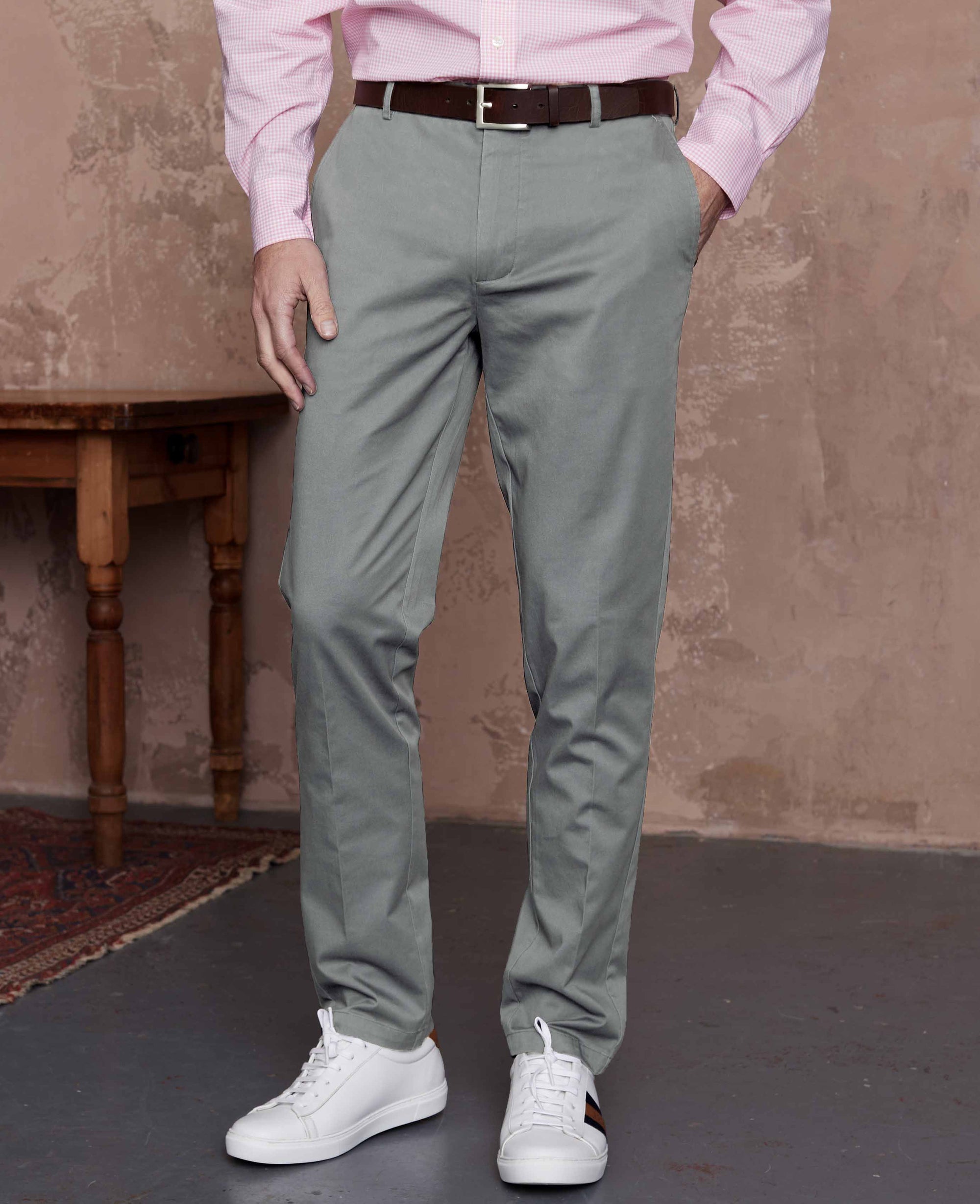 Men's Grey Stretch Cotton Classic Fit Flat Front Chinos | Savile Row ...