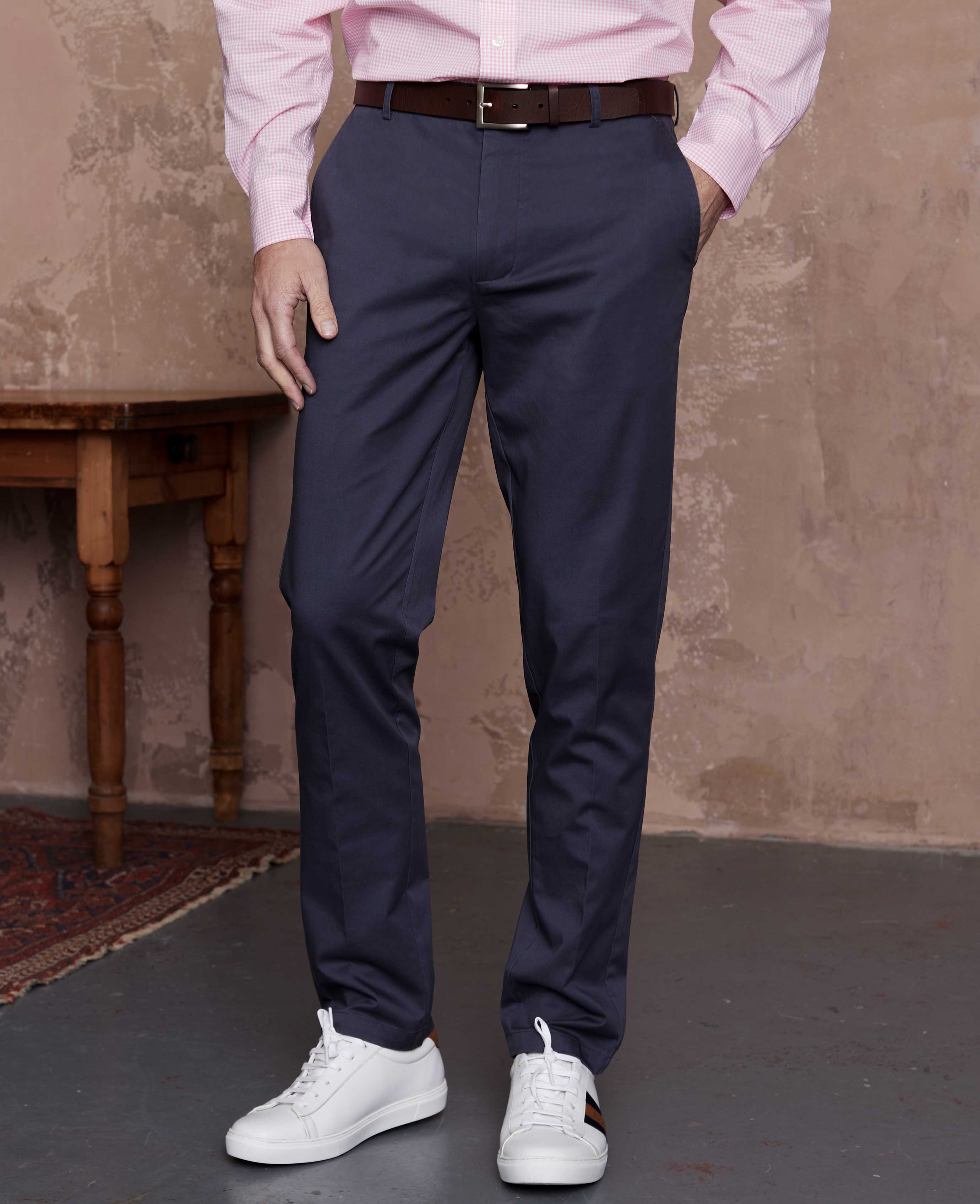 Men's Navy Stretch Cotton Classic Fit Flat Front Chinos | Savile