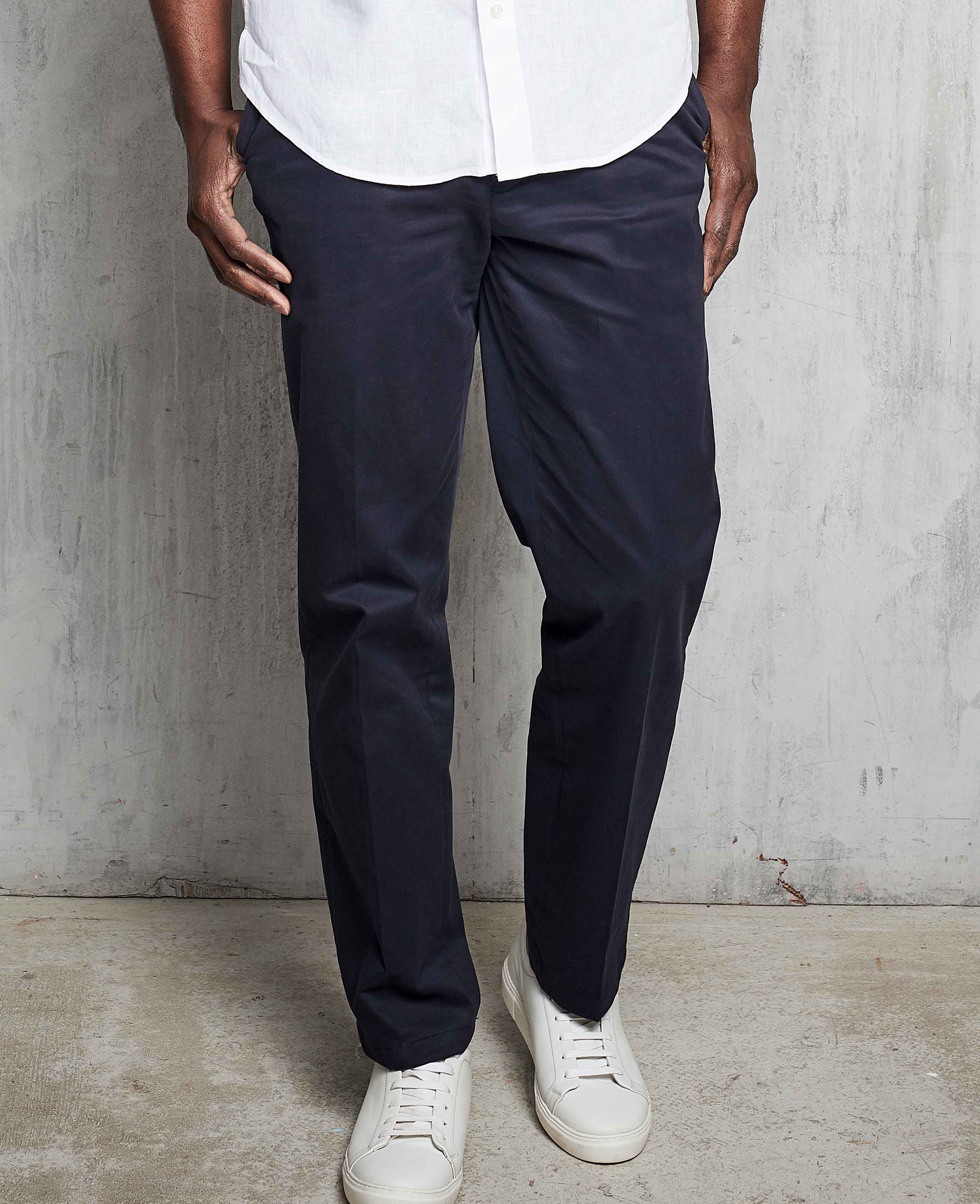 Men's Navy Stretch Cotton Classic Fit Flat Front Chinos | Savile