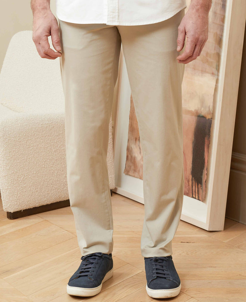Beige Stretch Cotton Classic Fit Pleated Chinos