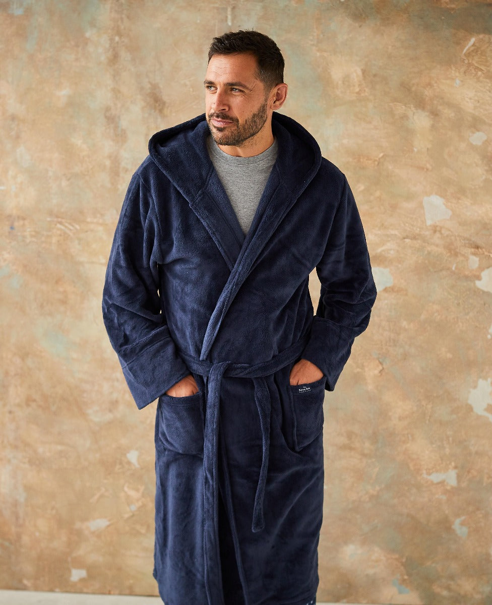 Men s Navy Super Soft Fleece Dressing Gown With Hood Savile Row Company