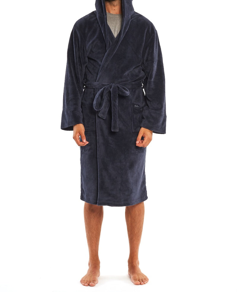 Navy Fleece Dressing Gown With Hood