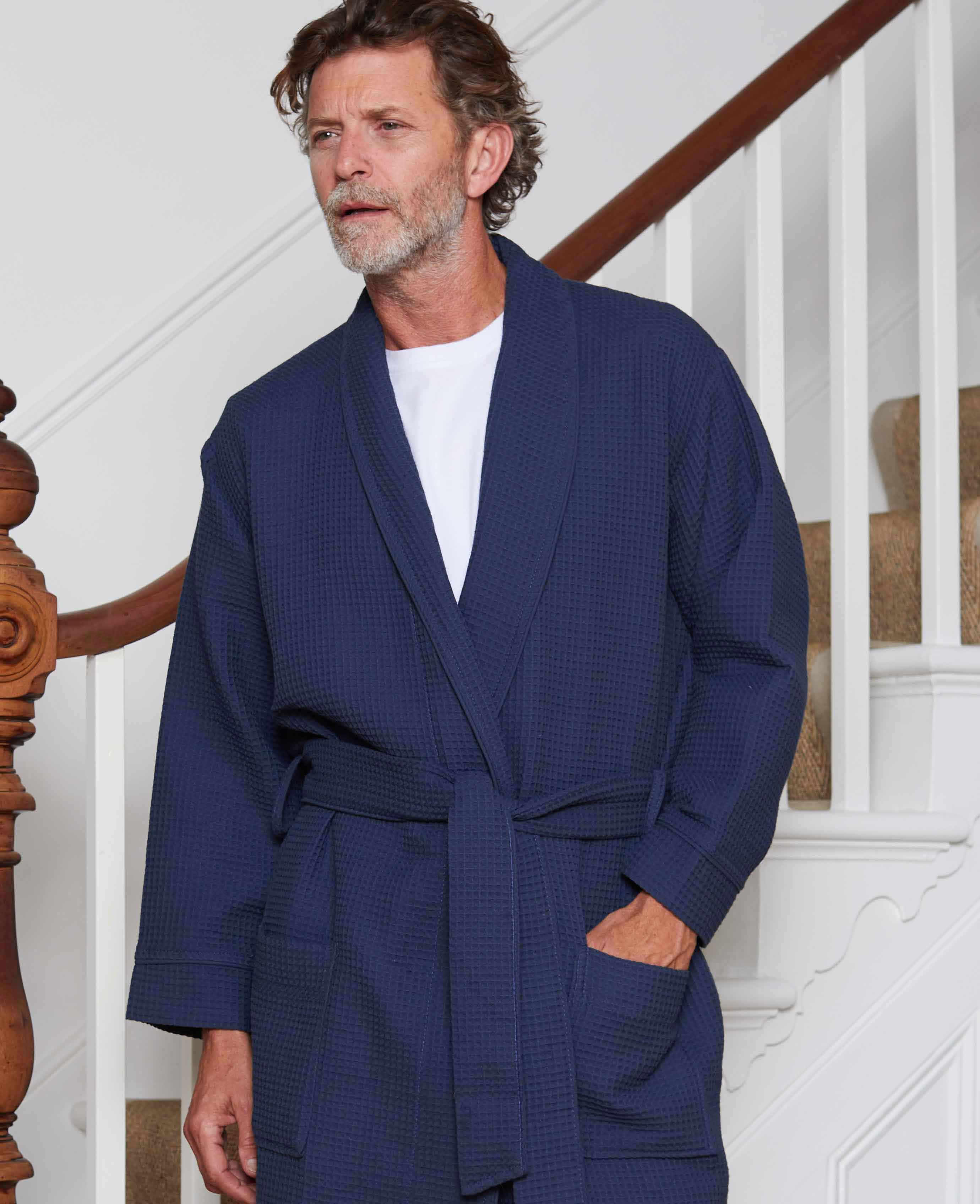 Men s Navy Cotton Waffle Dressing Gown Savile Row Company