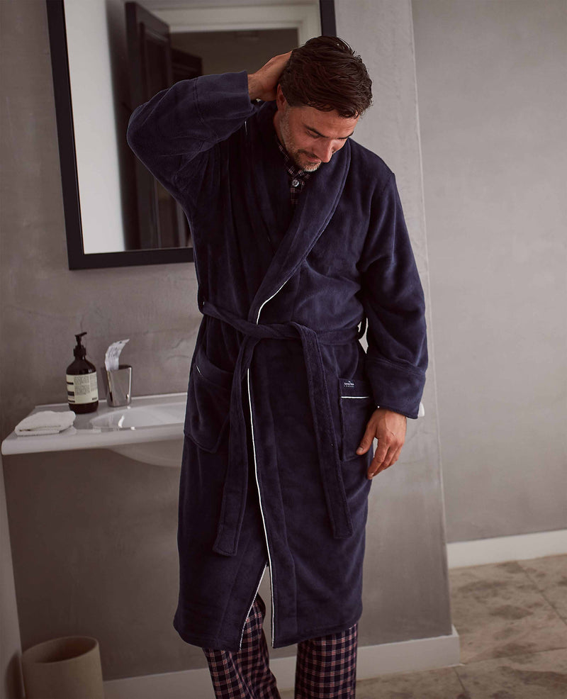 Men's Navy Fleece Super Soft Dressing Gown With Piping