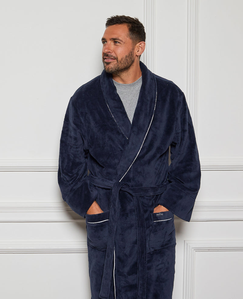 Navy Fleece Dressing Gown With Piping