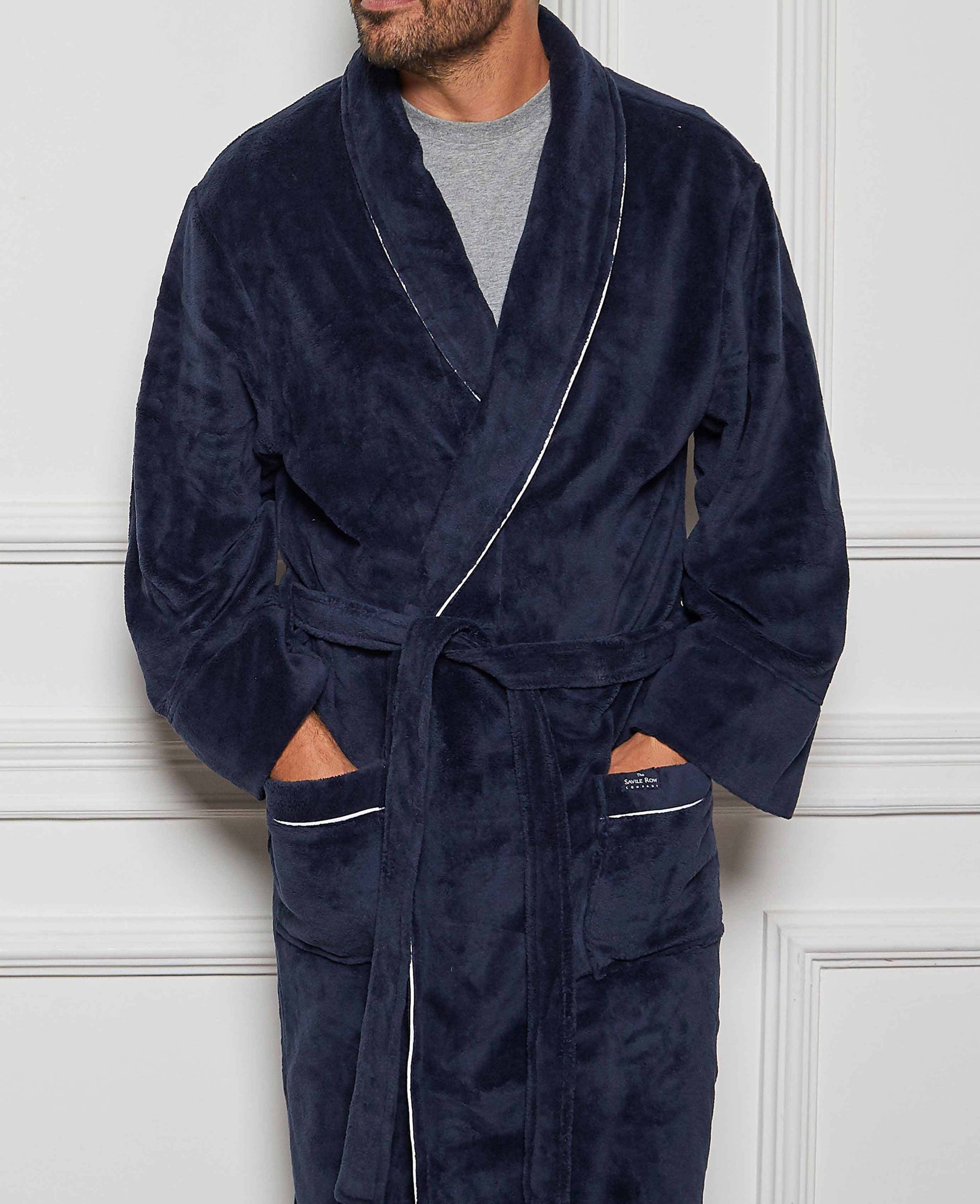 Men's Navy Fleece Dressing Gown with Piping