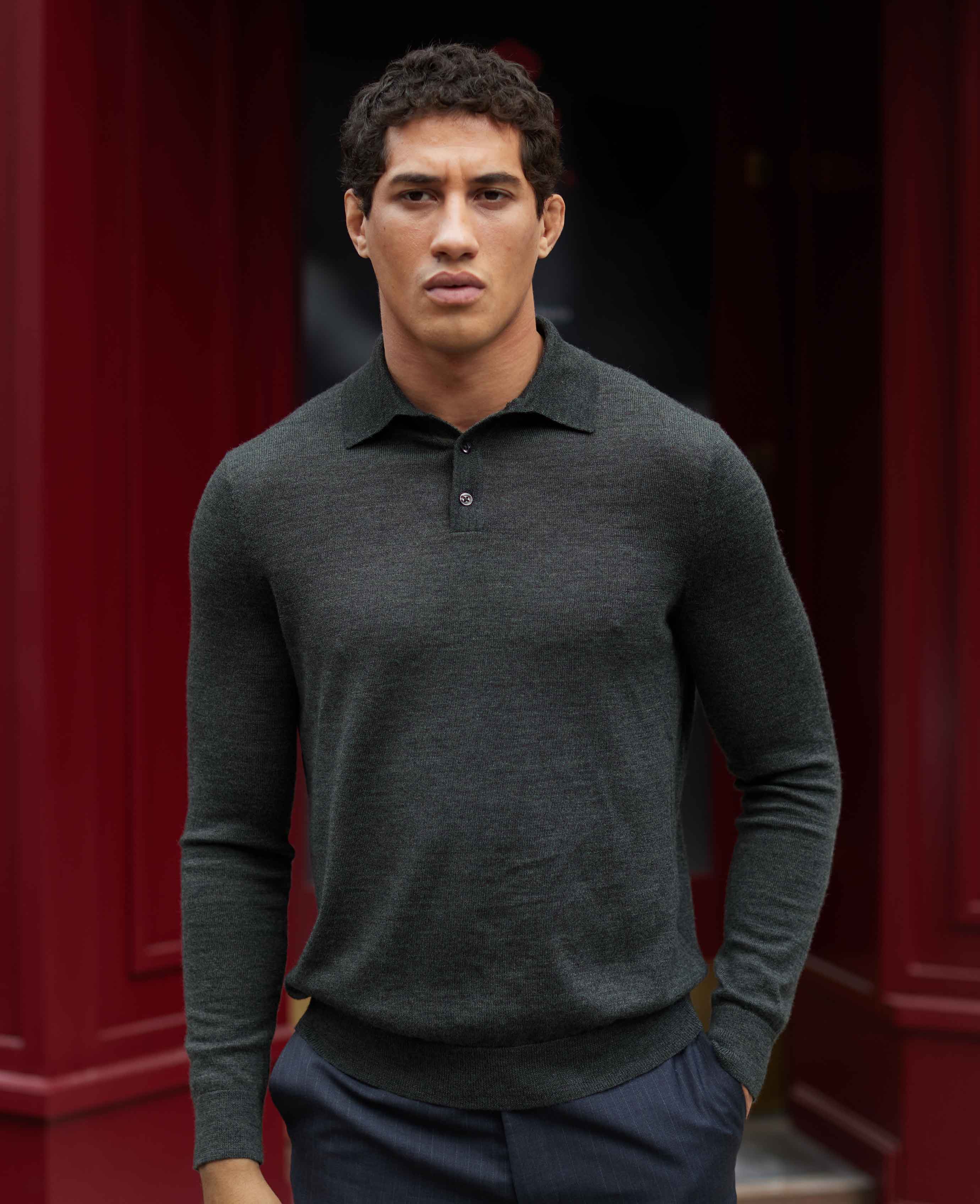 Men's Charcoal Merino Wool Knitted Polo Shirt | Savile Row Company