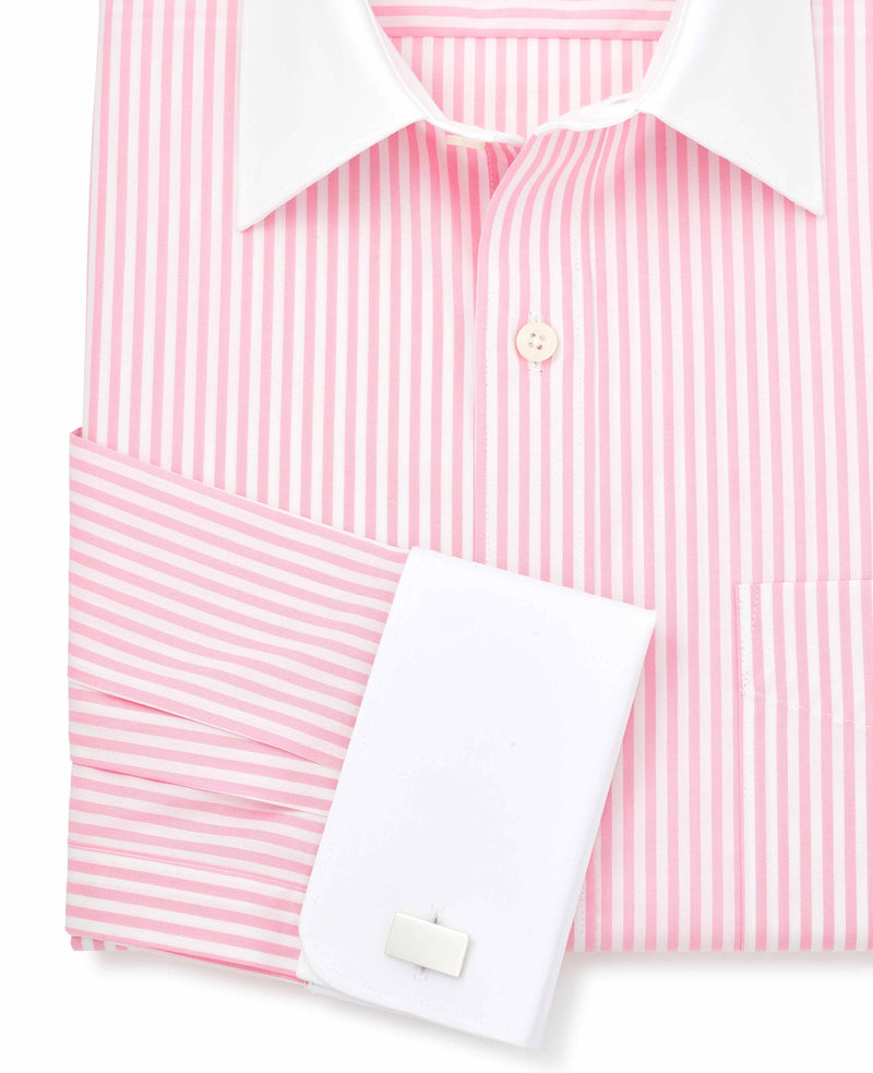 Pink Stripe Classic Fit Contrast Collar Formal Shirt With White Collar & Double Cuffs