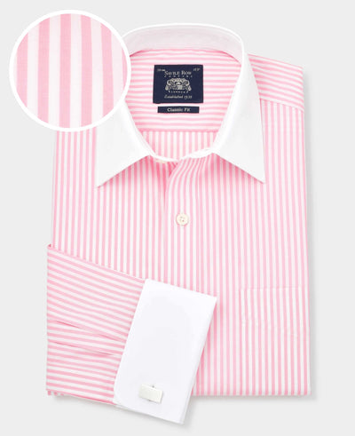 Pink Stripe Classic Fit Contrast Collar Formal Shirt With White Collar & Double Cuffs
