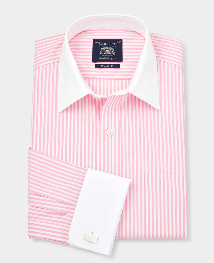 Men's Pink Stripe Contrast Collar Formal Shirt With Double Cuffs