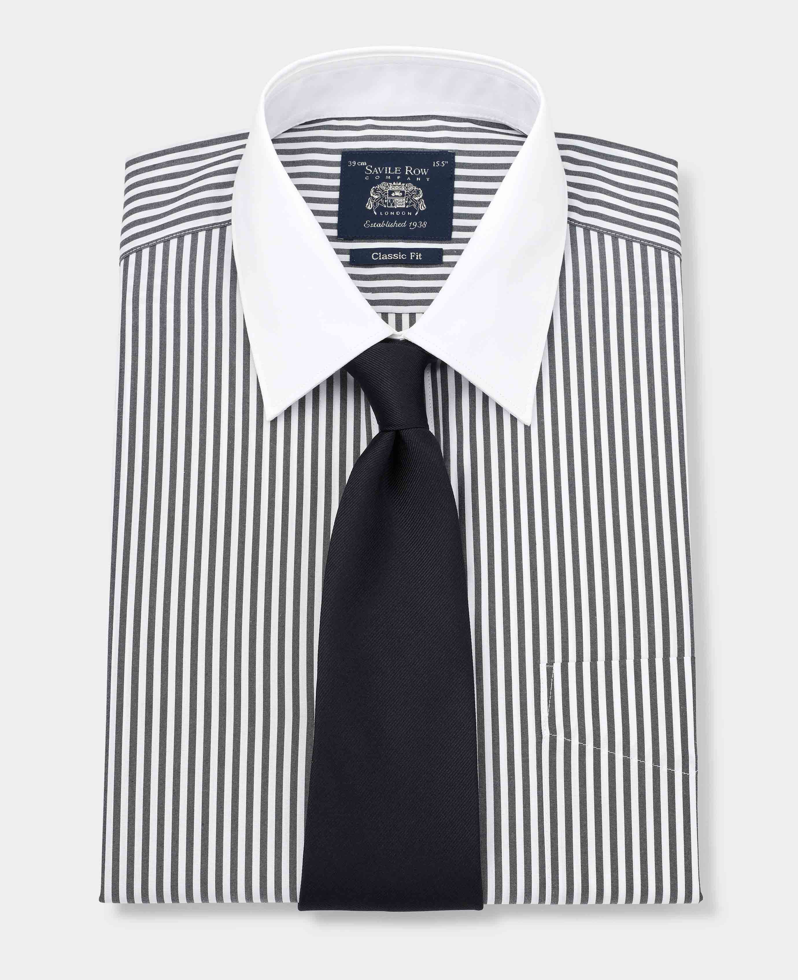 Men s Black Stripe Contrast Collar Classic Fit Formal Shirt With Double Cuffs Savile Row Company