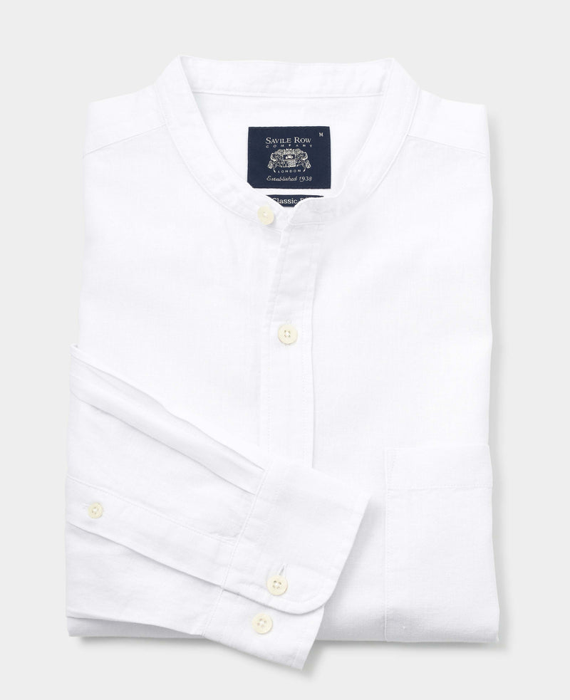 White Linen/Cotton Blend Grandad Collar Shirt