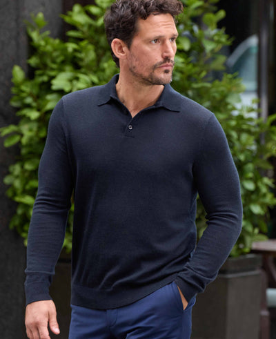 mens navy merino wool knitted polo shirt mkw527nav model image 4