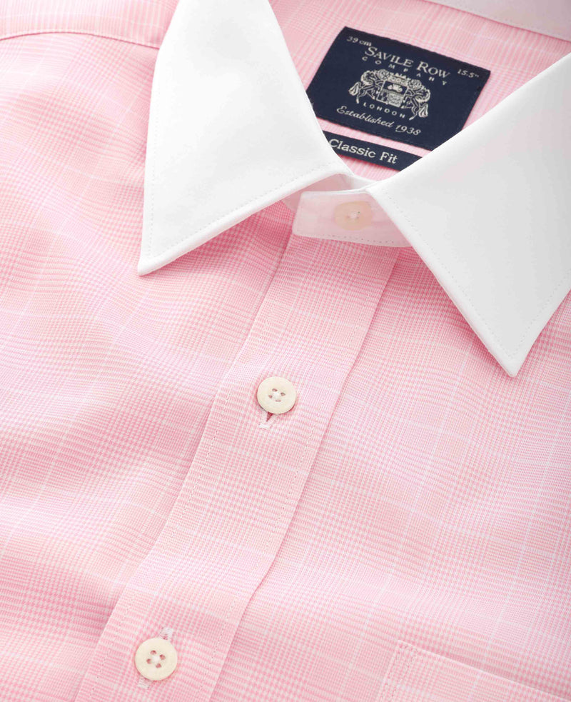 Pink Prince of Wales Check Classic Fit Contrast Collar Formal Shirt With White Collar & Cuffs