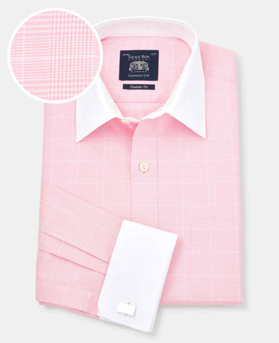 Pink Prince of Wales Check Classic Fit Contrast Collar Formal Shirt With White Collar & Cuffs