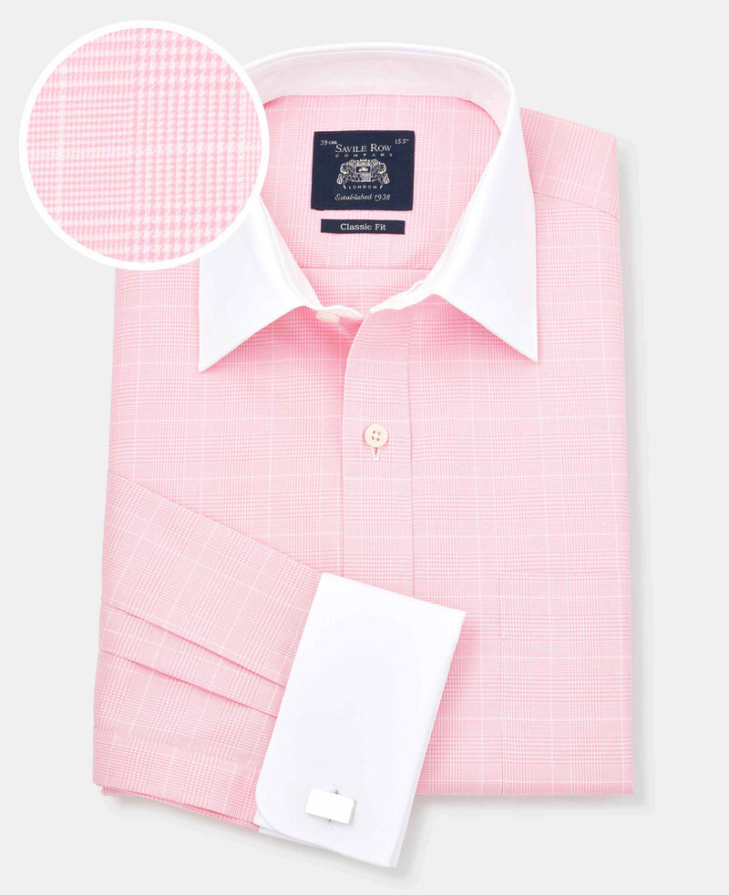Pink Prince of Wales Check Classic Fit Contrast Collar Formal Shirt With White Collar & Cuffs