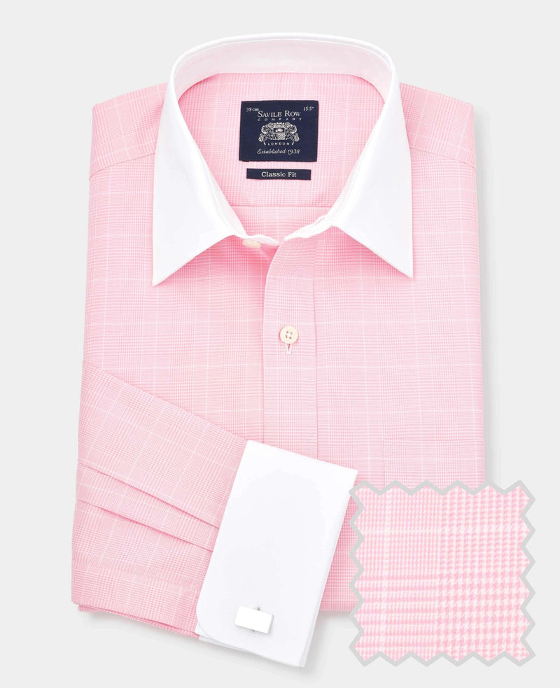 Pink Prince of Wales Check Classic Fit Contrast Collar Formal Shirt With White Collar & Cuffs