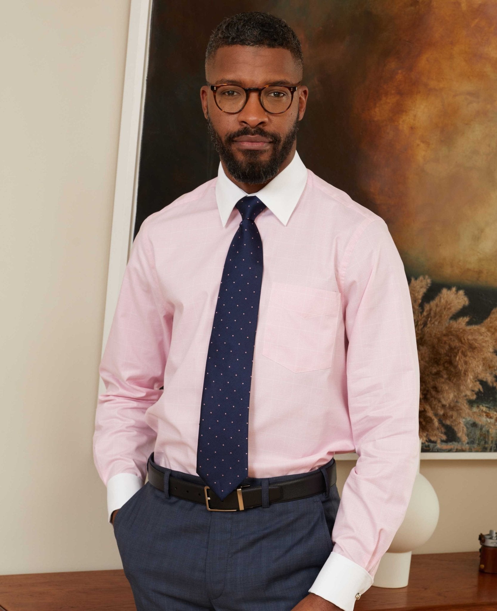 contrast collar dress shirt Men's Pink POW Check Winchester Classic Fit Formal Shirt With Double Cuffs