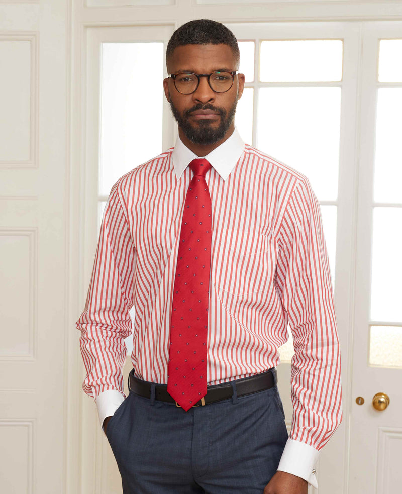 Red Stripe Classic Fit Contrast Collar Formal Shirt With White Collar & Cuffs