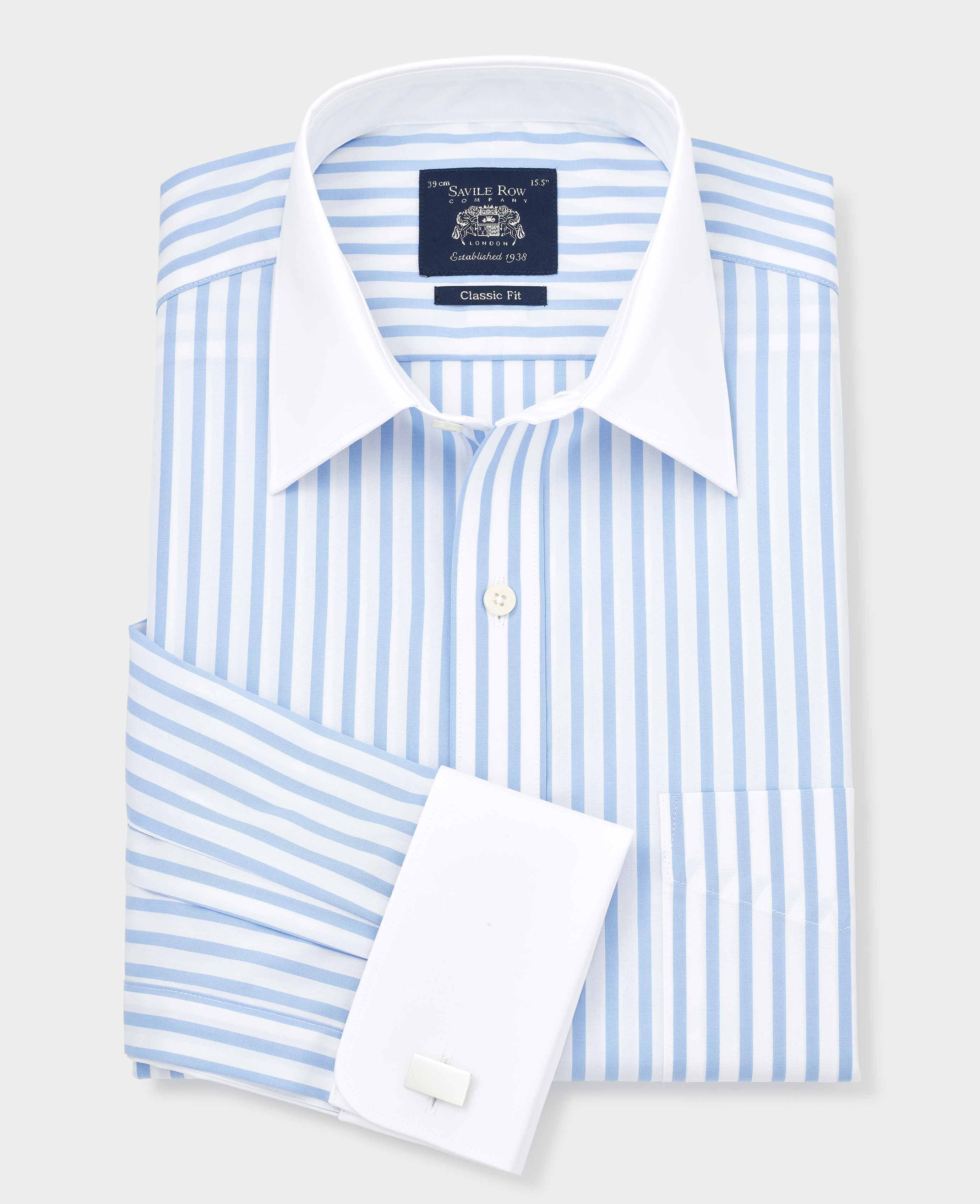 Men s Sky Blue Stripe Contrast Collar Classic Fit Formal Shirt With Double Cuffs Savile Row Company