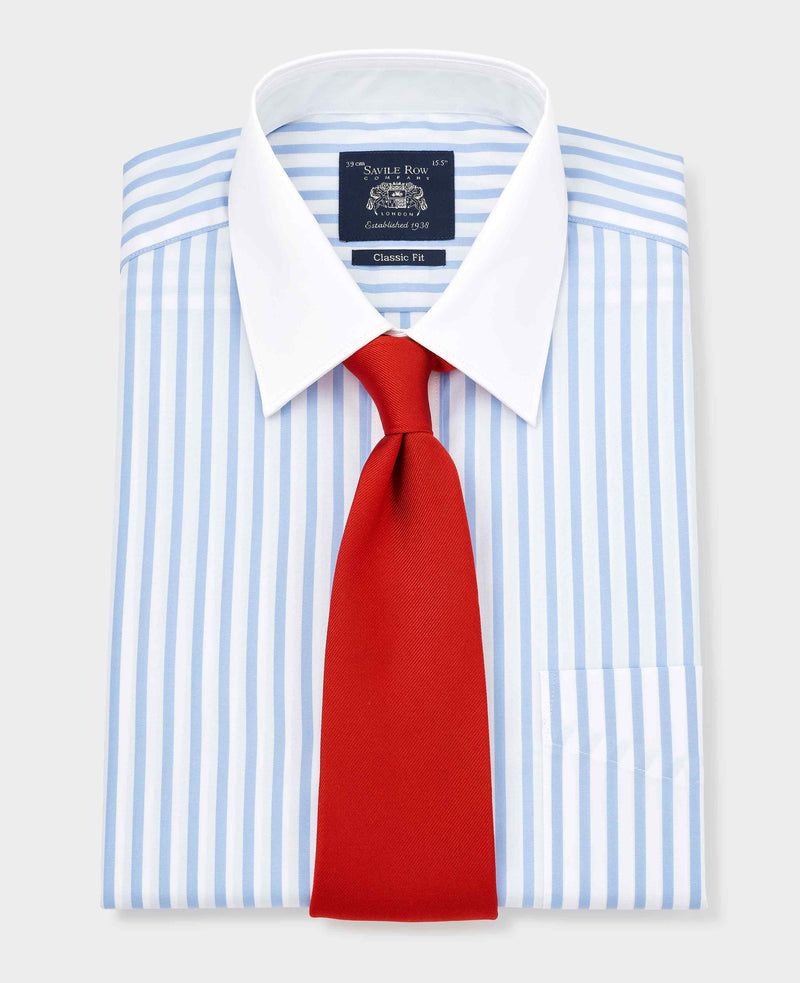 Men's Sky Blue Stripe Contrast Collar Classic Fit Formal Shirt With Double Cuffs