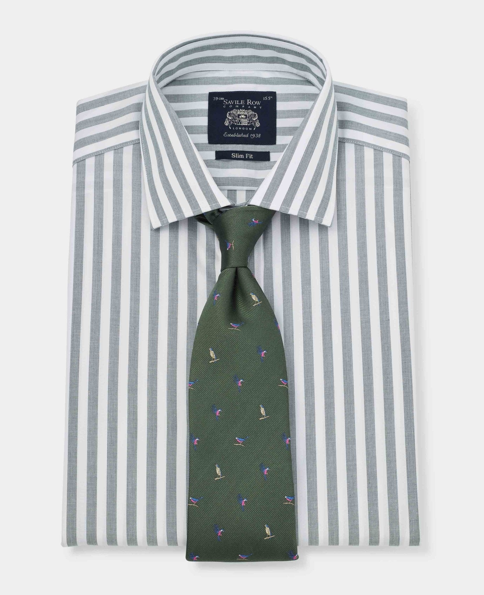 Men's Green White Slim Fit Striped Formal Shirt With Single Cuffs | Savile Row Company Men's Green White Slim Fit Striped Formal Shirt With Single Cuffs | Savile Row Company