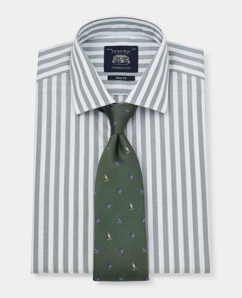 Men's Green White Slim Fit Striped Formal Shirt With Single Cuffs