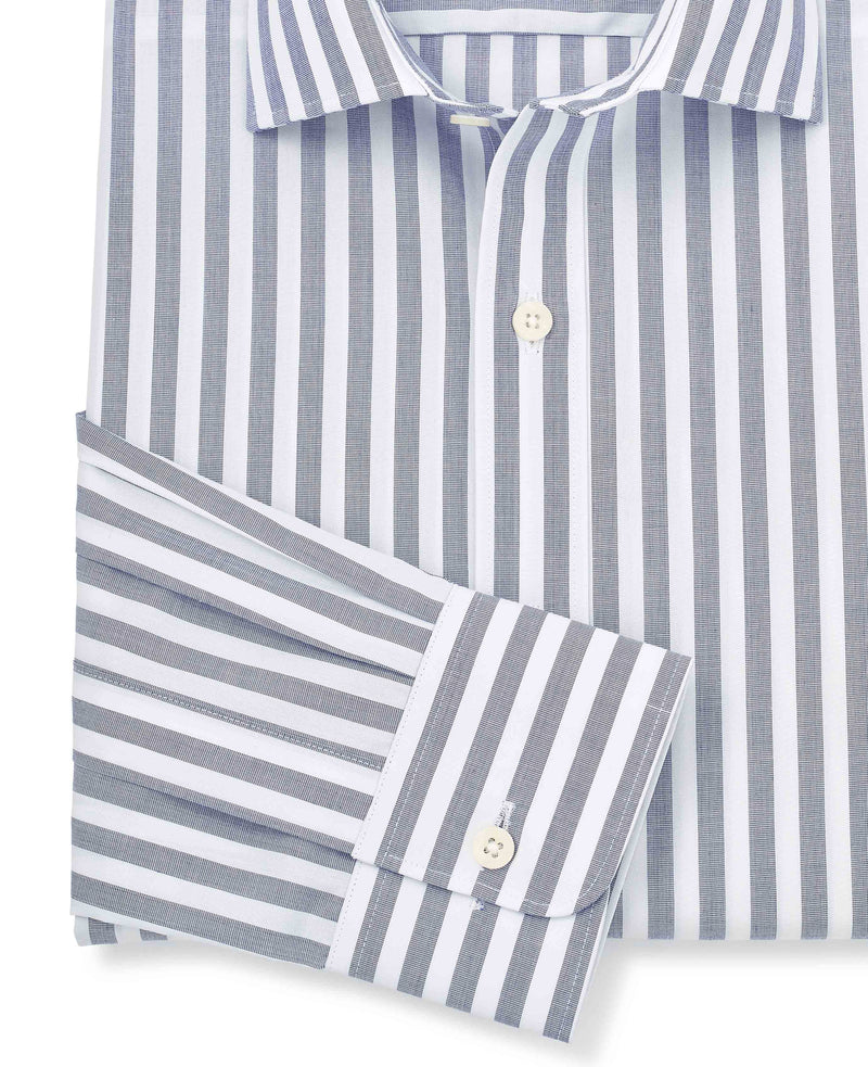 Navy White Slim Fit Striped Formal Shirt - Single Cuff