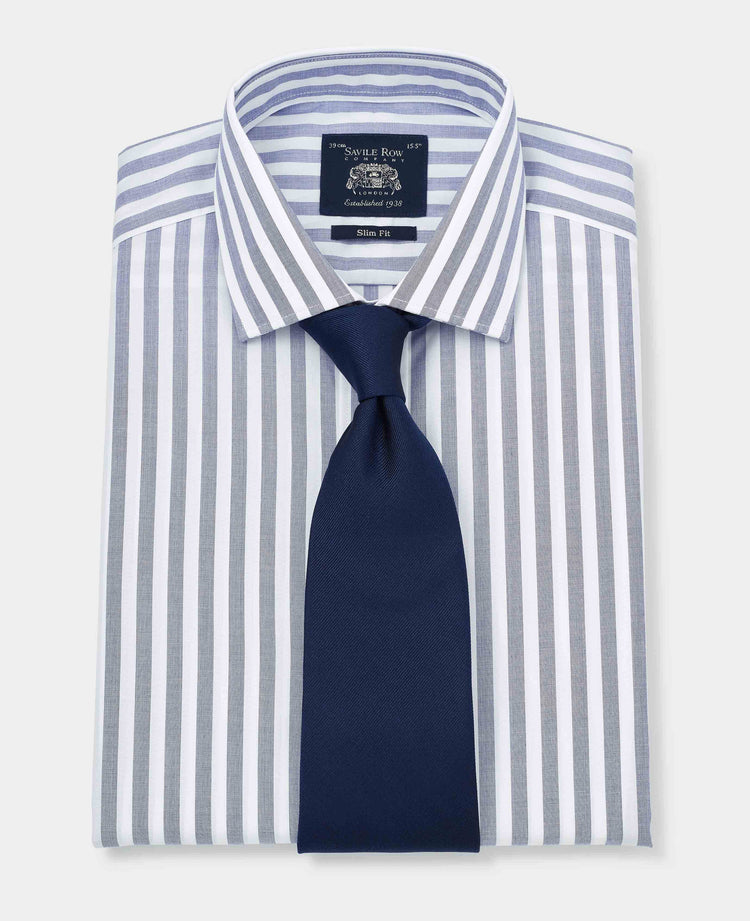 Men's Navy White Slim Fit Striped Formal Shirt With Single Cuffs