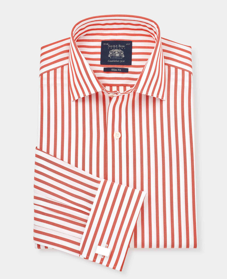Men's Red Slim Fit Striped Formal Shirt With Double Cuffs