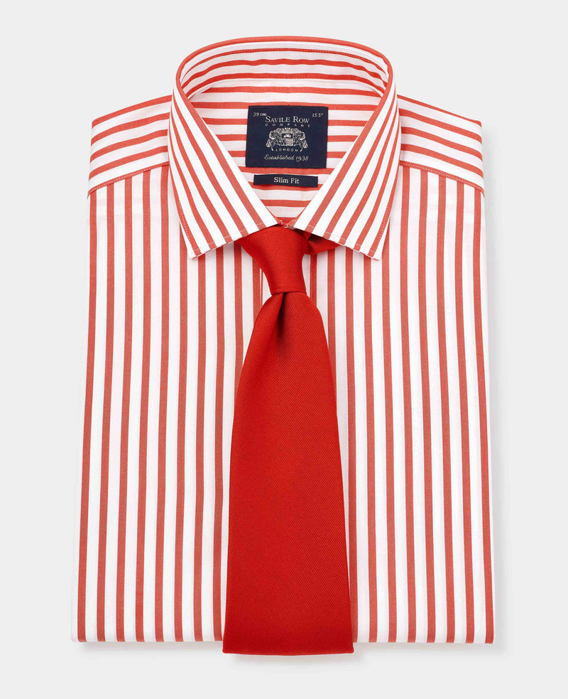 Red Slim Fit Striped Formal Shirt - Double Cuff