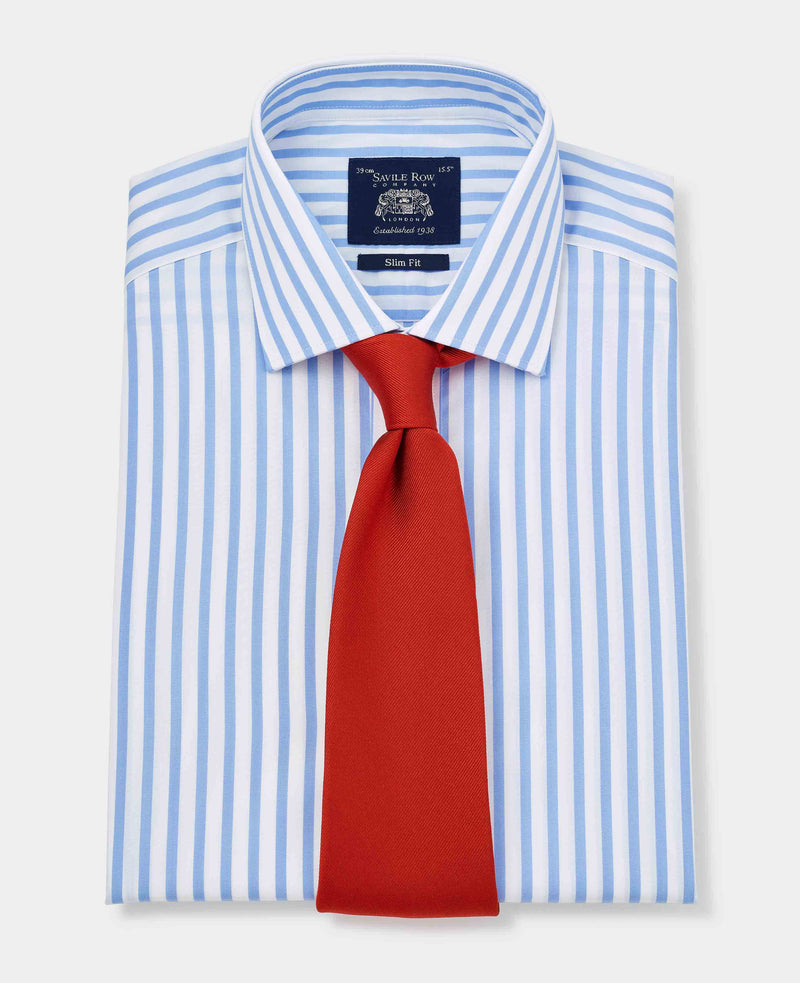 Men's Sky Blue Slim Fit Striped Formal Shirt With Double Cuffs