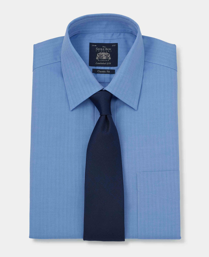 Men's Blue Herringbone Classic Fit Formal Shirt With Double Cuffs