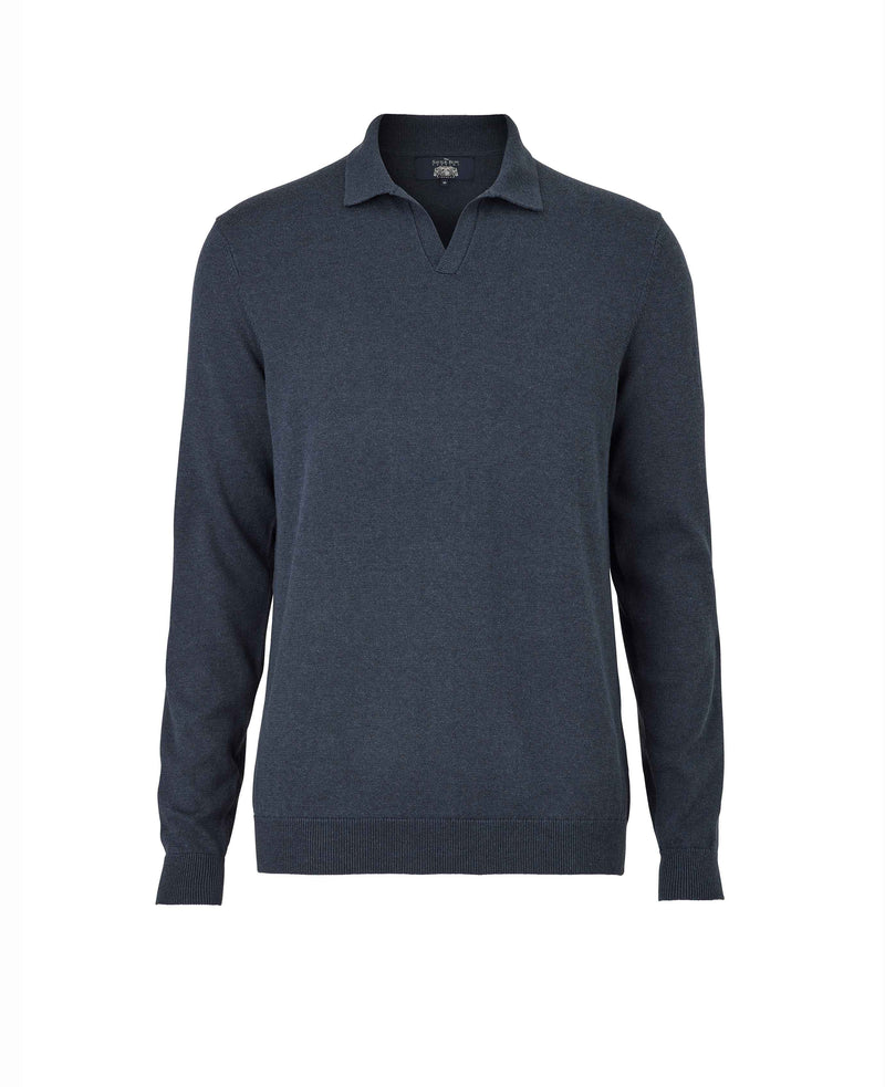 Washed Navy Cotton-Blend Open Collar Knit Polo