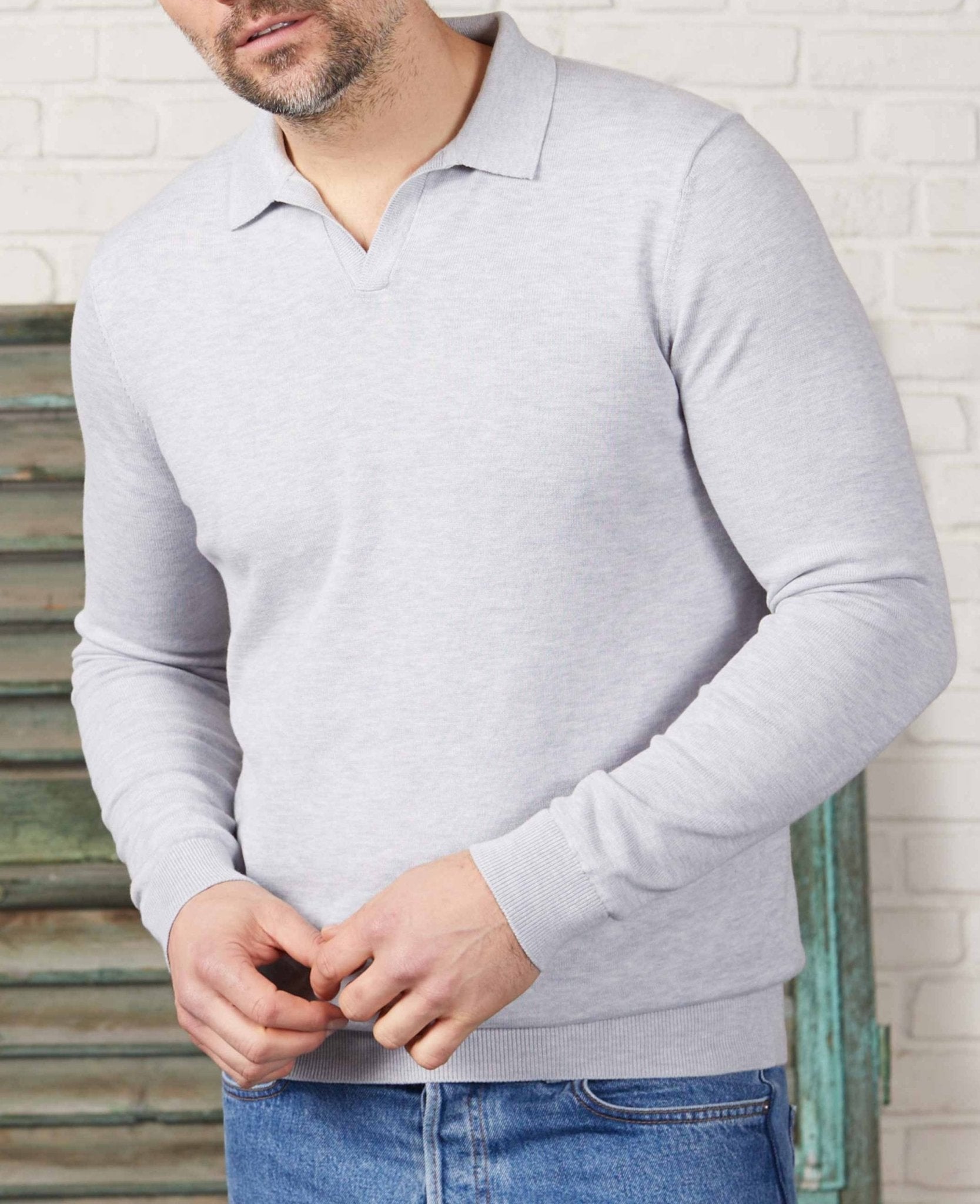 Men's Light Grey Open Collar Knit Polo | Savile Row Company