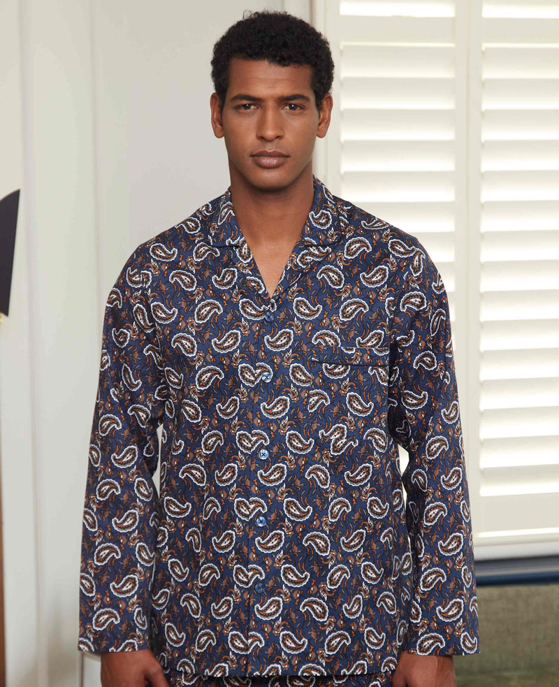 Men's Navy Cotton Paisley Print Pyjamas Model image