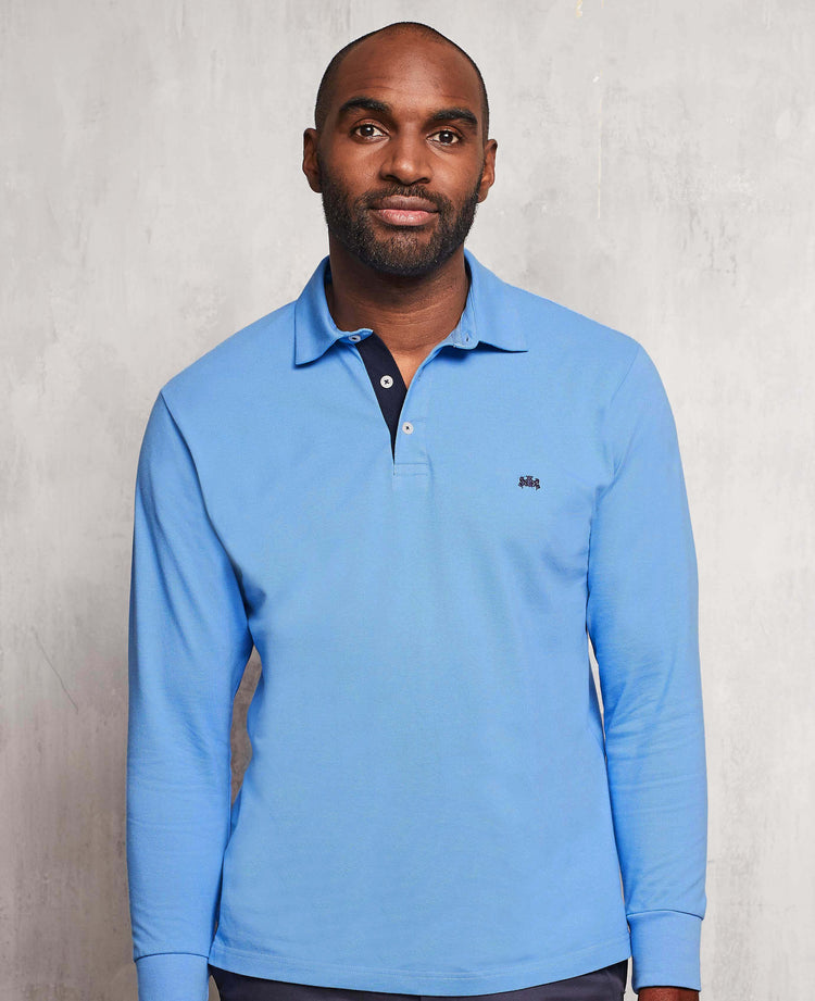Men's Ocean Blue Long Sleeve Polo Shirt In Classic Fit Shape