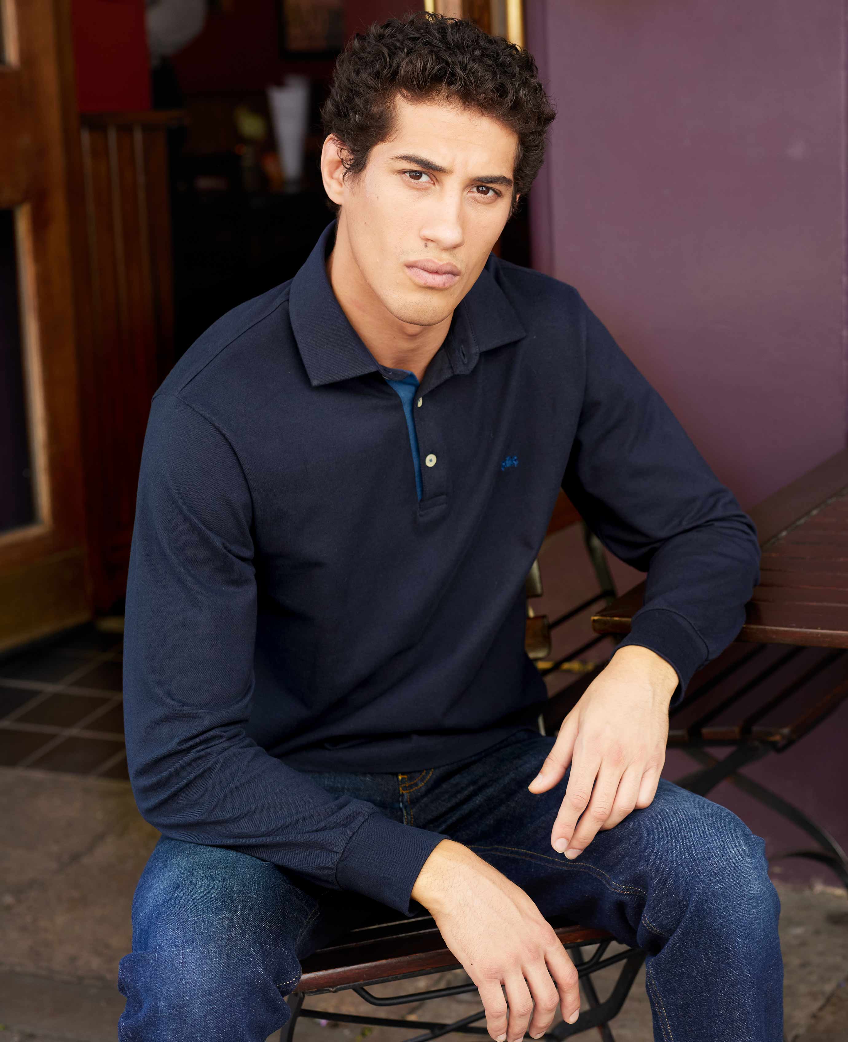 Men s Navy Long Sleeve Polo Shirt In Classic Fit Shape Savile Row Company