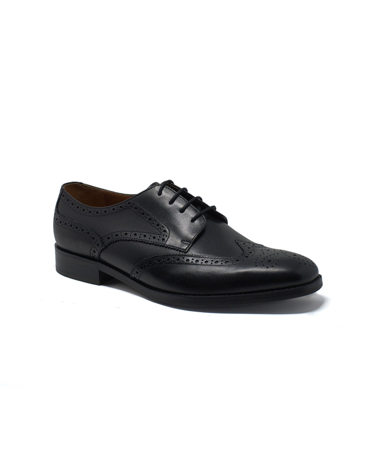 Men's Black Leather Derby Shoes With Brogue Detailing