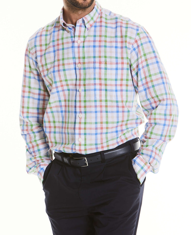 Men's Multi Check Linen Cotton Blend Button-Down Casual Shirt