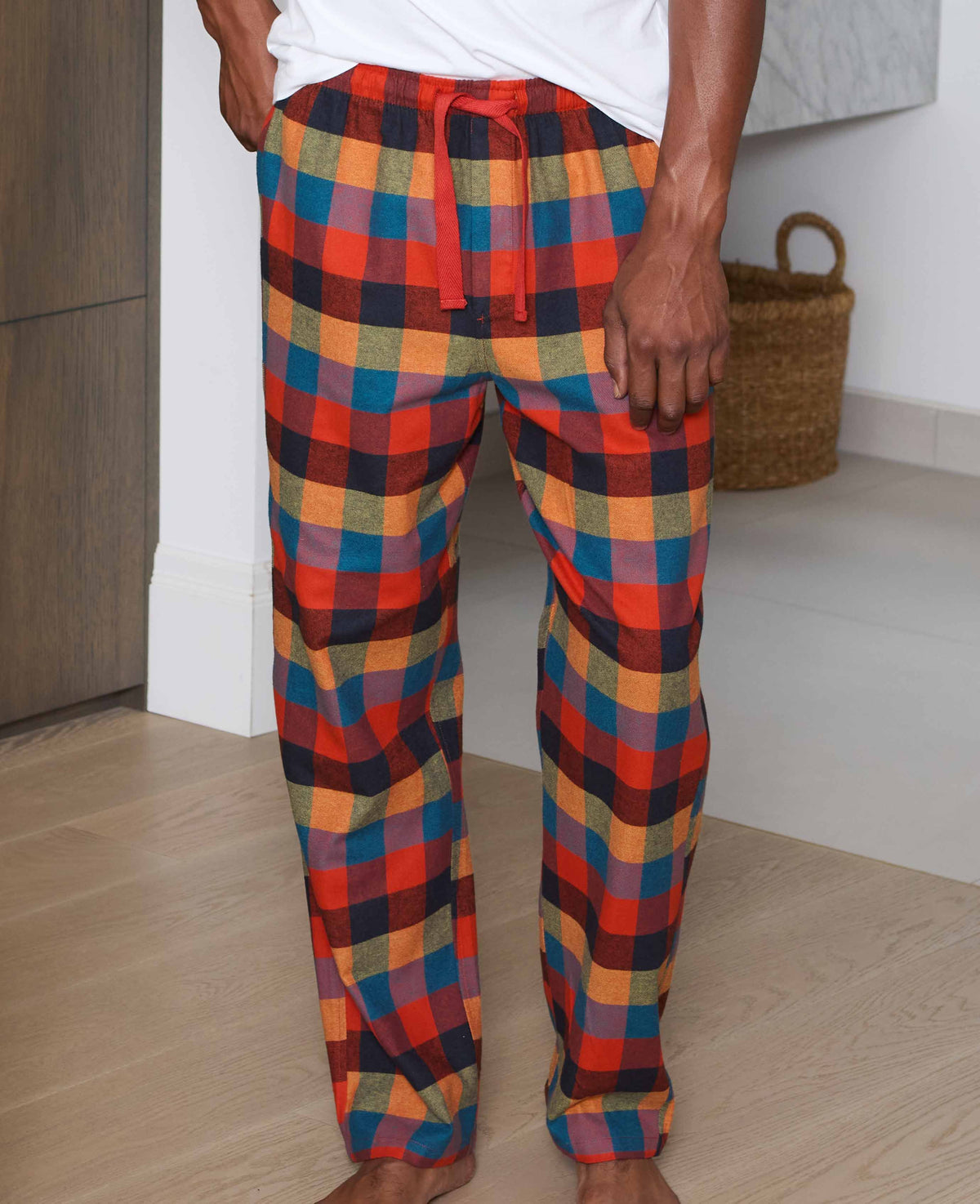 Men's Multicoloured Brushed Cotton Twill Window Check Lounge Pants model shot