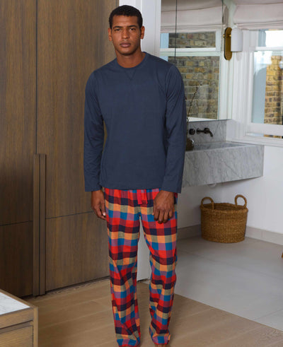 Multicoloured Cotton Checked Lounge Pants & Long Sleeve T-Shirt Pyjama Set
